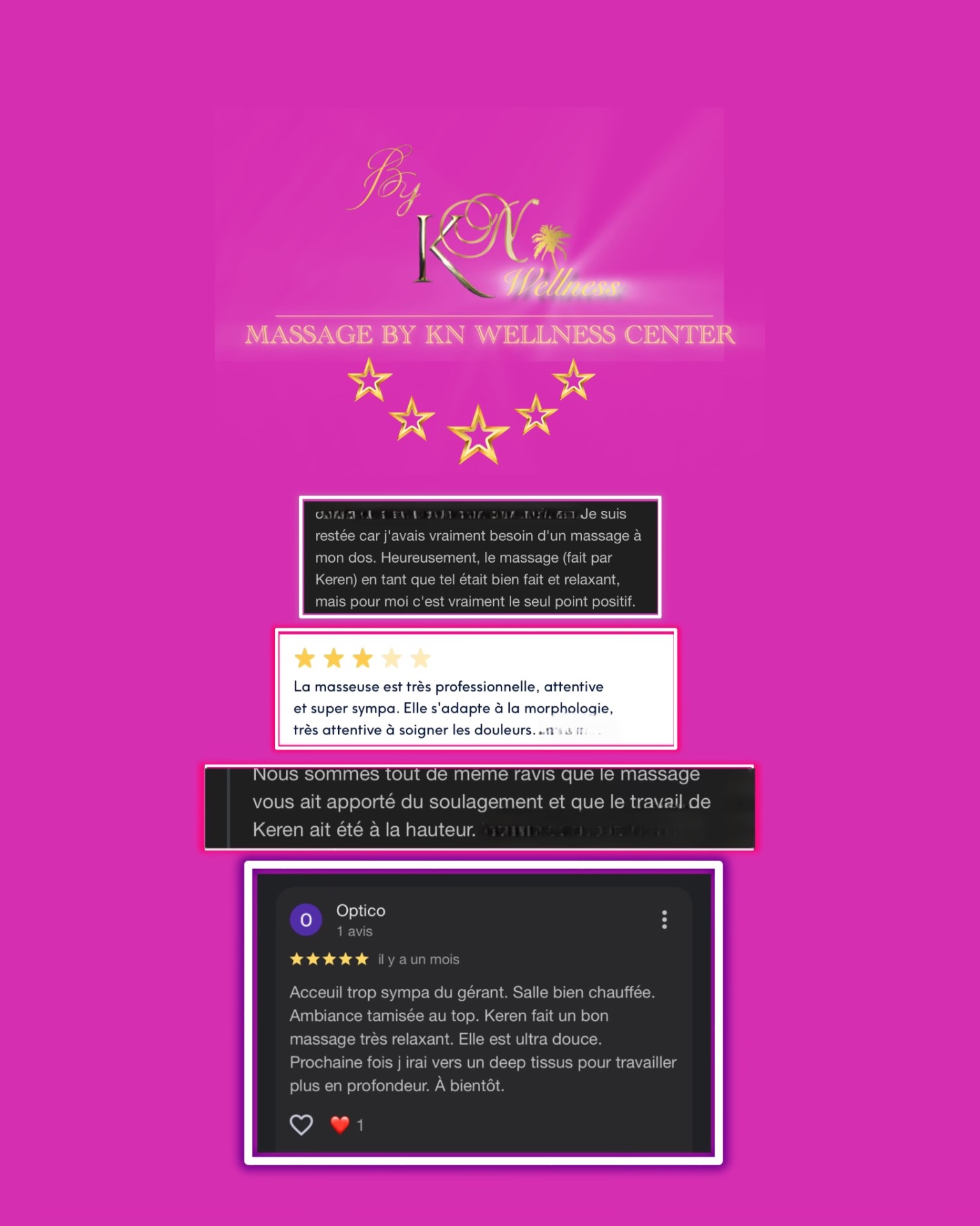 Parmis ici des milliers qui se font faits masser chez Massage By Kn Wellness, veuillez y laisser un avis à l’institut également au plaisir de y prêter attention 